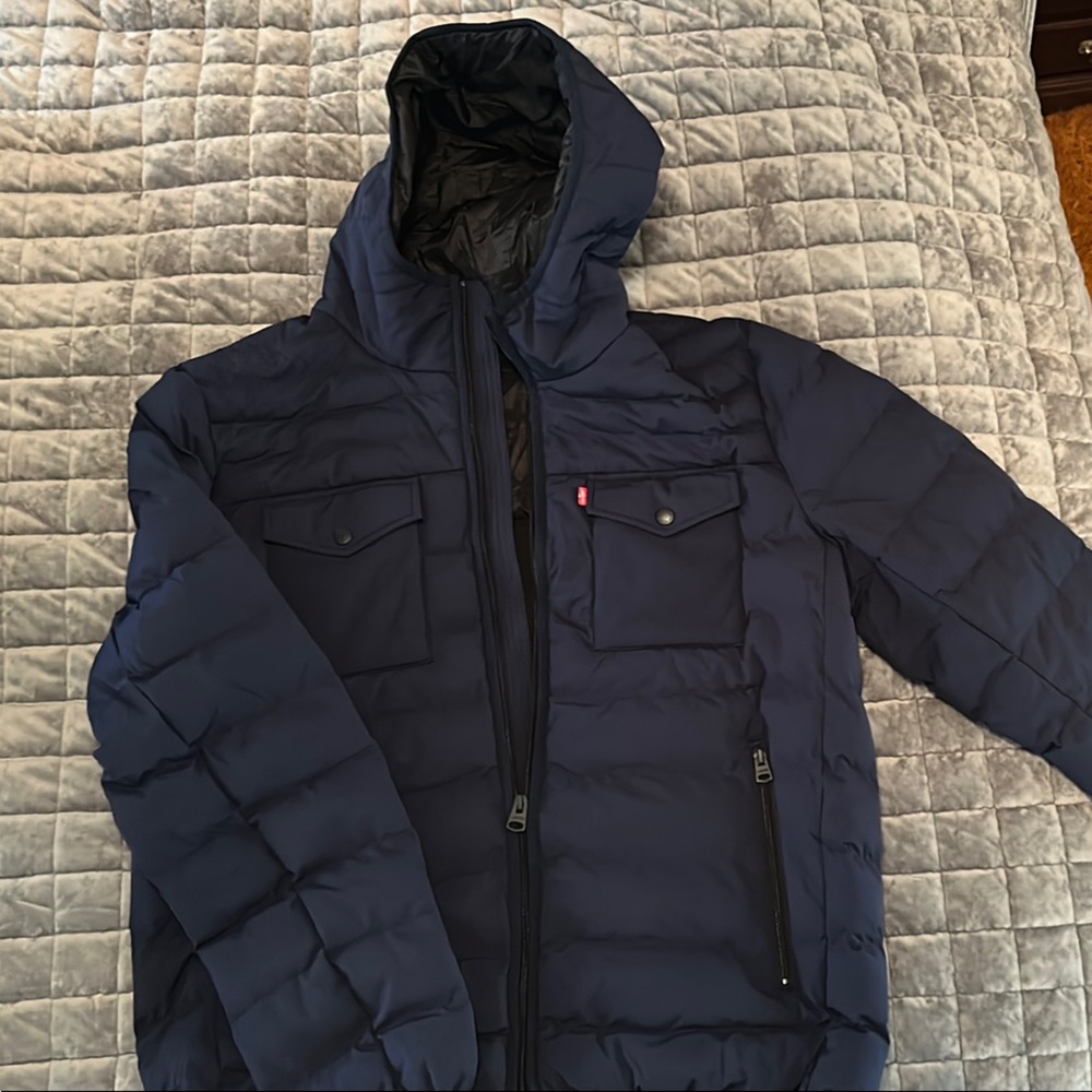 Levi's Blue Quilted Puffer Jacket with Hood